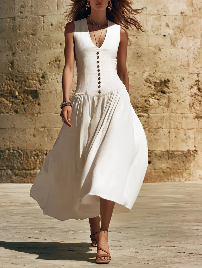 Womens Sleeveless Midi Dress - V-Neck Button-Front Flowy A-Line Skirt